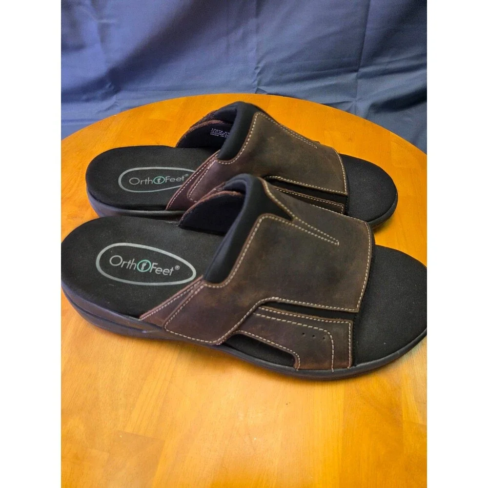 OrthoFeet Men's Leather Slide Sandals, Size 13 Extra Wide